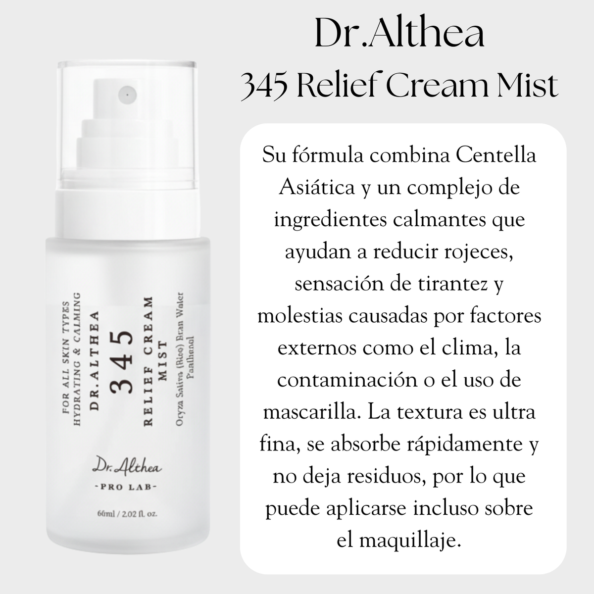 Spray facial de 60ml de la crema relajante Dr Althea, skincare coreano, con envase transparente y pulverizador.