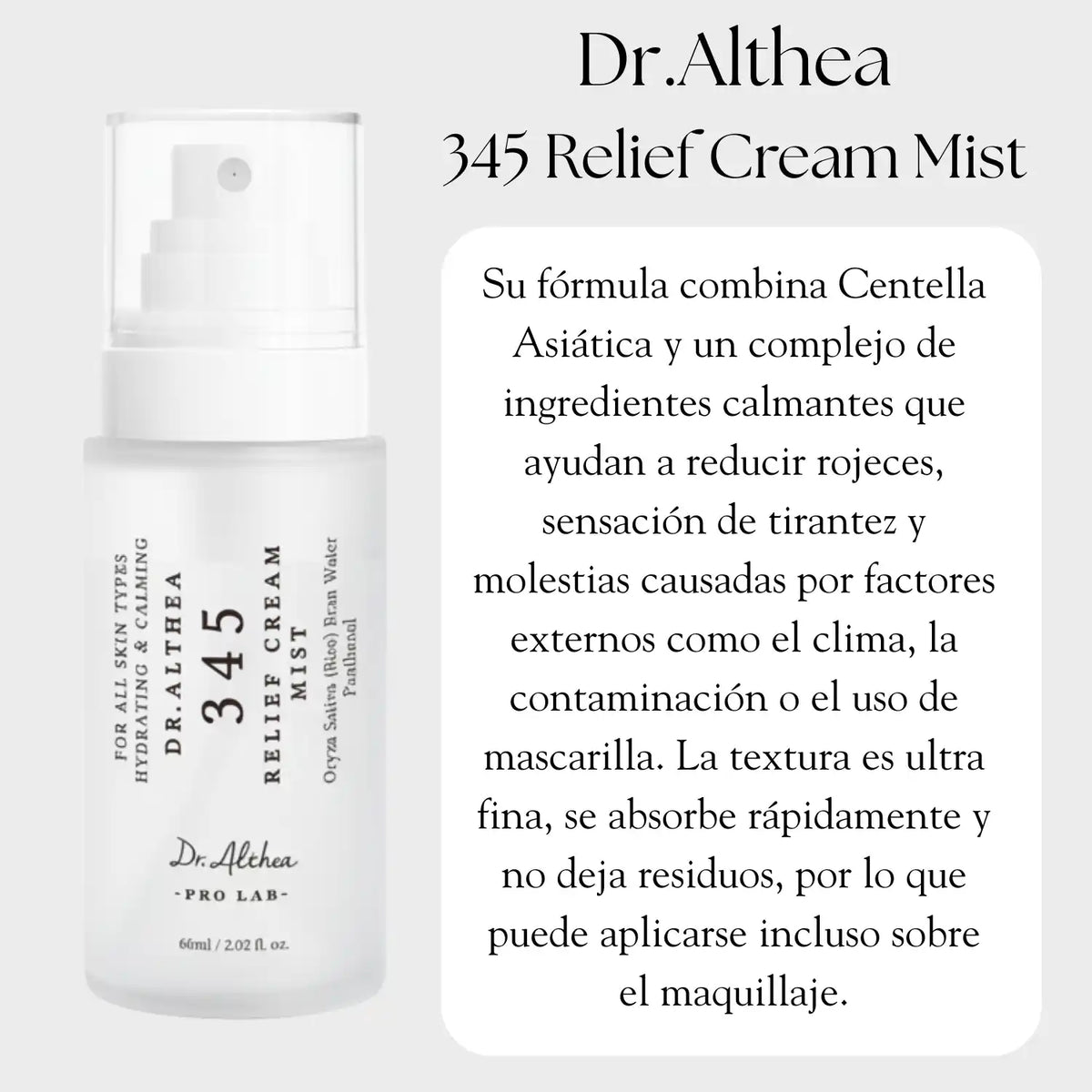 Spray facial de 60ml de la crema relajante Dr Althea, skincare coreano, con envase transparente y pulverizador.