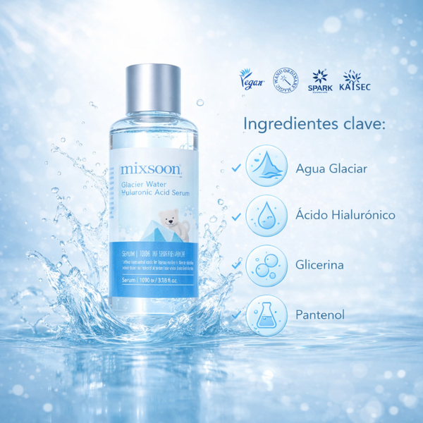 Sérum coreano de agua de glaciar con ácido hialurónico de 100ml de la marca Mixsoon, envase transparente con gotero.