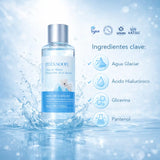 Sérum coreano de agua de glaciar con ácido hialurónico de 100ml de la marca Mixsoon, envase transparente con gotero.