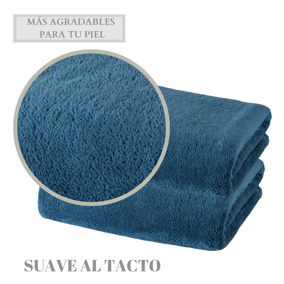 Dos toallas de baño grandes de microfibra azul de 90x180 cm, suaves y absorbentes, en un entorno de baño.