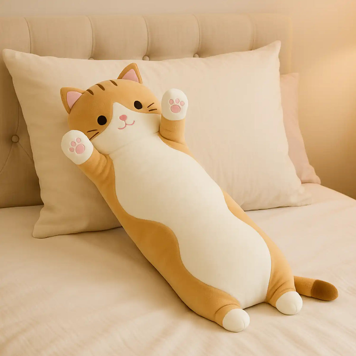 Cojín almohada peluche de gato largo y suave, de 70 cm, en color gris claro, ideal para decorar y abrazar.