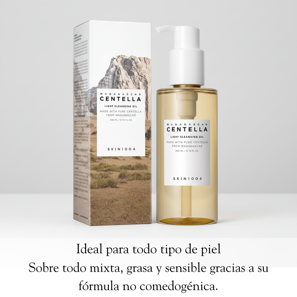 Aceite facial de limpieza SKIN1004 Madagascar Centella Light, 200ml, con botella de vidrio y etiqueta visible.