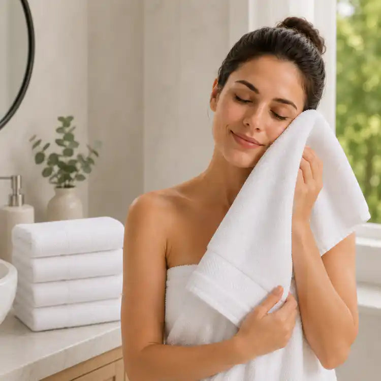 Conjunto de 4 toallas blancas de algodón para baño, tamaño 75x35 cm y 130 g, ideal para uso en hoteles y hogares.