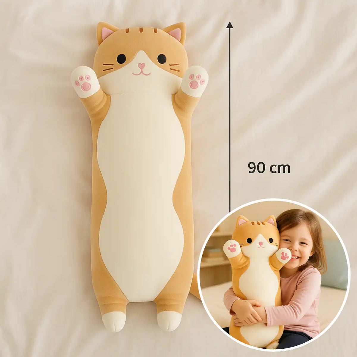 Cojín almohada peluche de gato largo y suave de 70 cm, con textura mullida y detalles de felpa, ideal para decorar y abrazar.