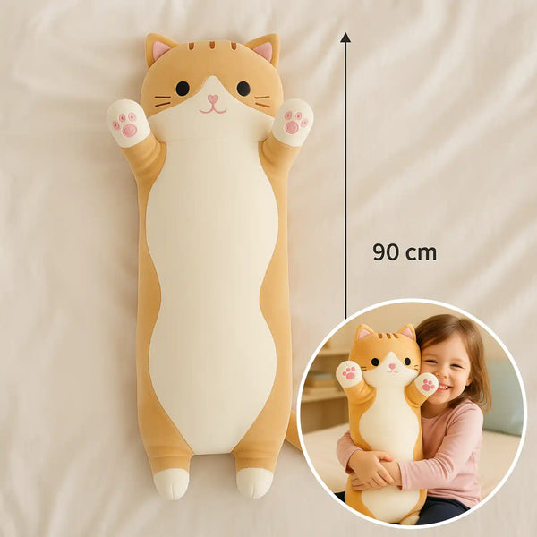 Cojín almohada peluche de gato largo y suave de 70 cm, con textura mullida y detalles de felpa, ideal para decorar y abrazar.