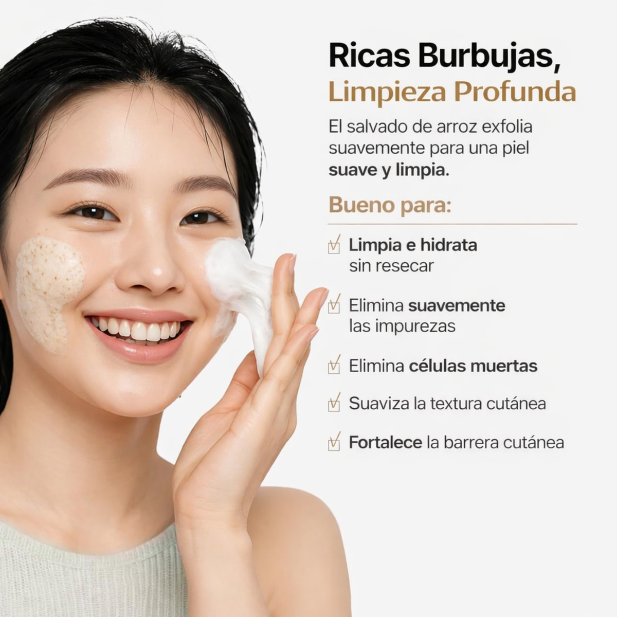 Espuma exfoliante de salvado de arroz MIDHA para cuidado facial, en envase de 150 ml, producto coreano de skincare.