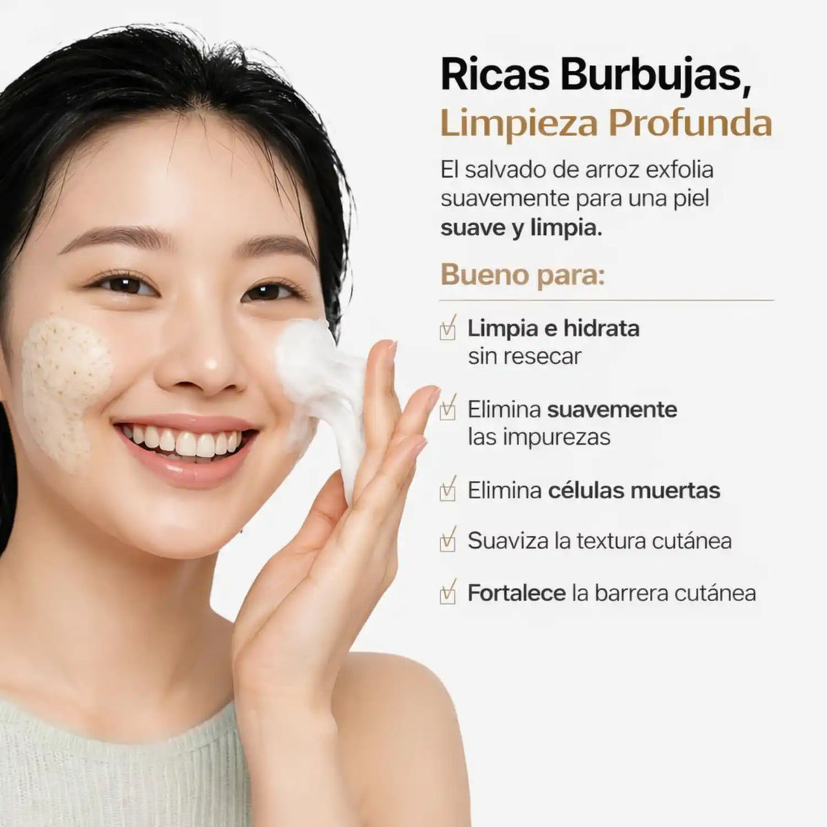 Espuma exfoliante de salvado de arroz MIDHA para cuidado facial, en envase de 150 ml, producto coreano de skincare.