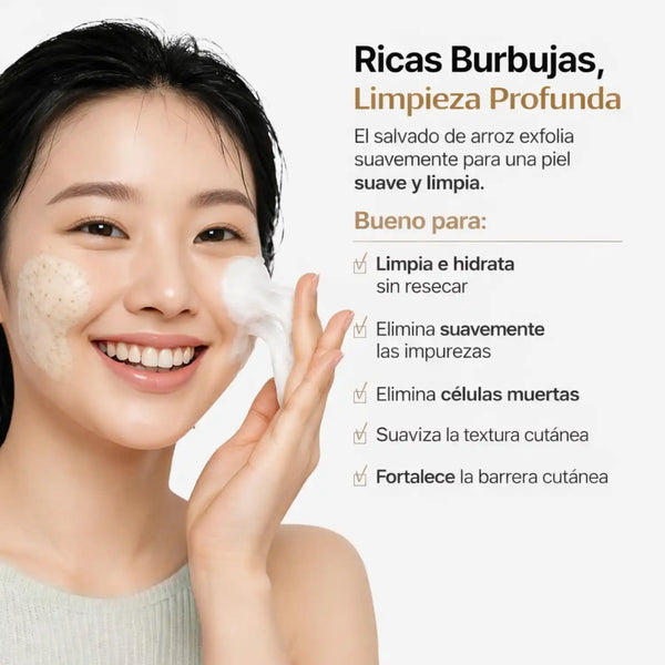 Espuma exfoliante de salvado de arroz MIDHA para cuidado facial, en envase de 150 ml, producto coreano de skincare.