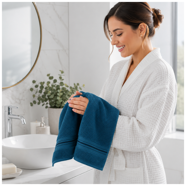 Toallas azul profundo de algodón Enigma Store, pack de 4 toallas suaves y absorbentes de 130 gr para spa y hotel.