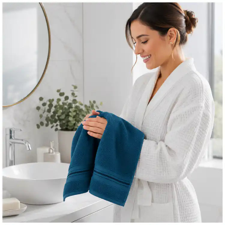 Toallas azul profundo de algodón Enigma Store, pack de 4 toallas suaves y absorbentes de 130 gr para spa y hotel.