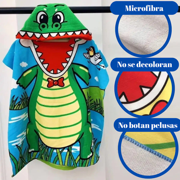 Toalla capucha de playa tipo poncho para niña de microfibra, en colores vibrantes, ideal para secar y abrigar en la playa o piscina.