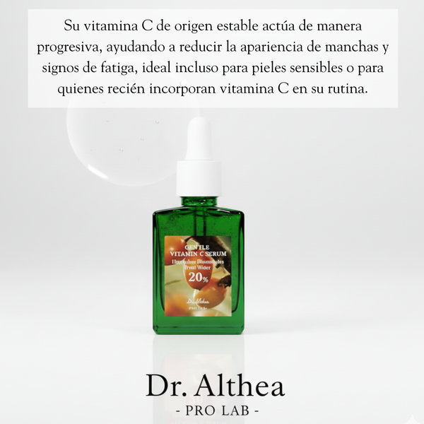 Suero facial Dr Althea Vitamina C suave en botella de 30ml, envase transparente con gotero para cuidado de la piel coreano.