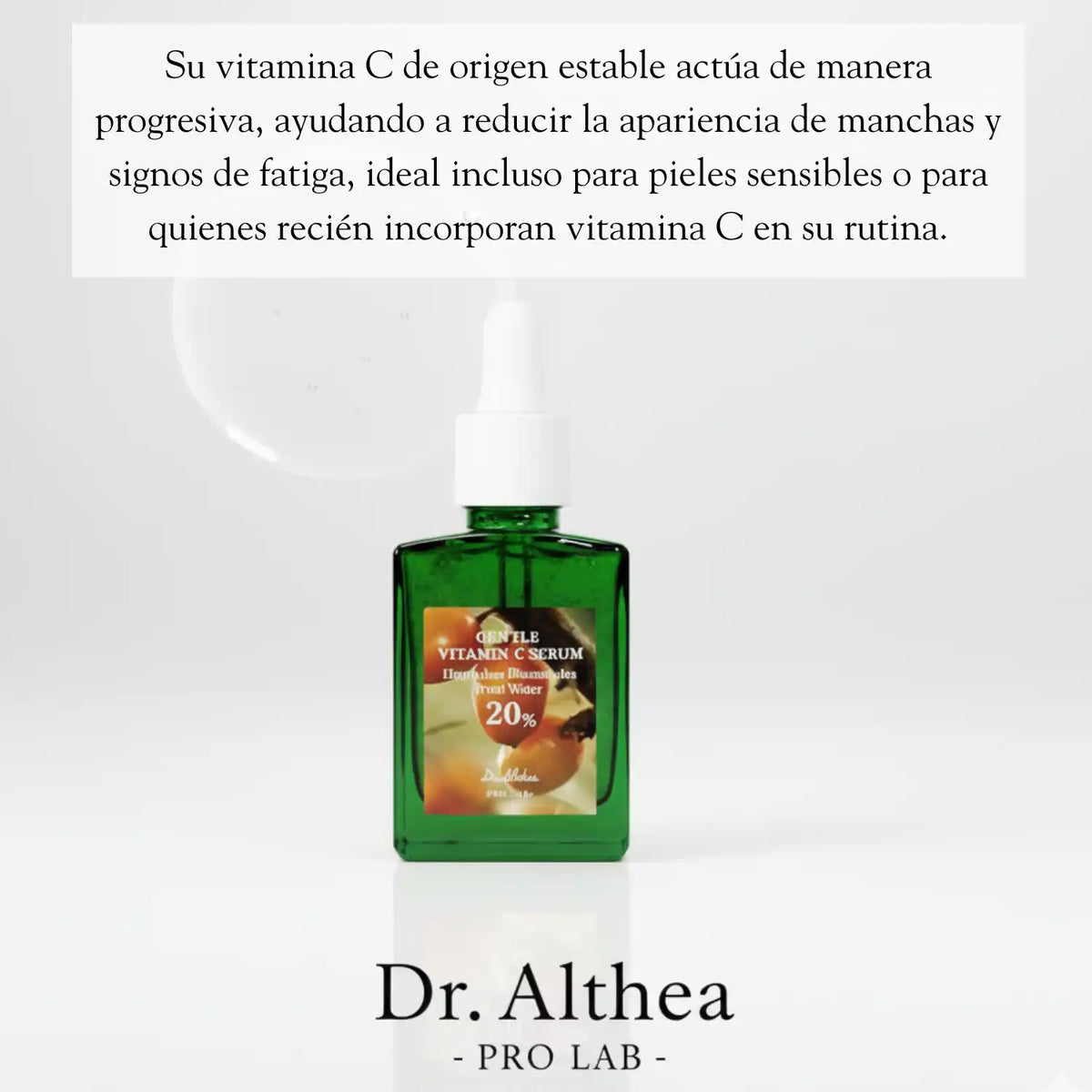 Suero facial Dr Althea Vitamina C suave en botella de 30ml, envase transparente con gotero para cuidado de la piel coreano.
