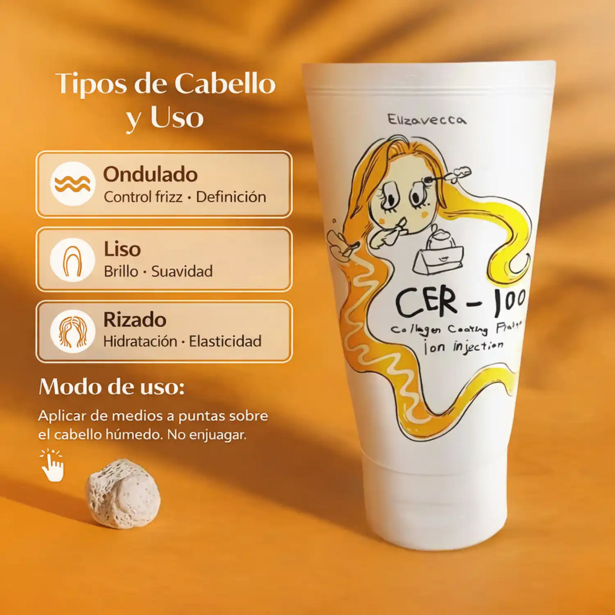 Tratamiento capilar Elizavecca CER-100 con colágeno y ceramidas en frasco de 100ml, para cuidado y reparación del cabello.