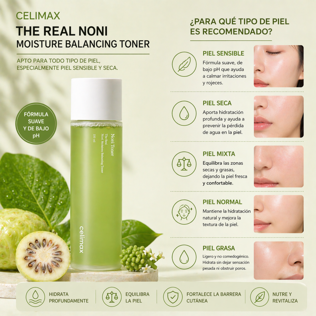Tónico hidratante CELIMAX THE REAL NONI MOISTURE BALANCING TONER para cuidado facial, botella de 150 ml con etiqueta visible