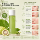 Tónico hidratante CELIMAX THE REAL NONI MOISTURE BALANCING TONER para cuidado facial, botella de 150 ml con etiqueta visible