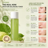 Tónico hidratante CELIMAX THE REAL NONI MOISTURE BALANCING TONER para cuidado facial, botella de 150 ml con etiqueta visible