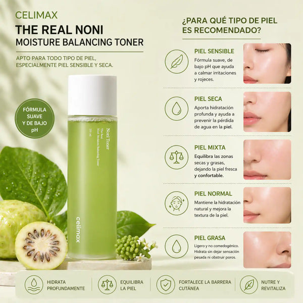 Tónico hidratante CELIMAX THE REAL NONI MOISTURE BALANCING TONER para cuidado facial, botella de 150 ml con etiqueta visible