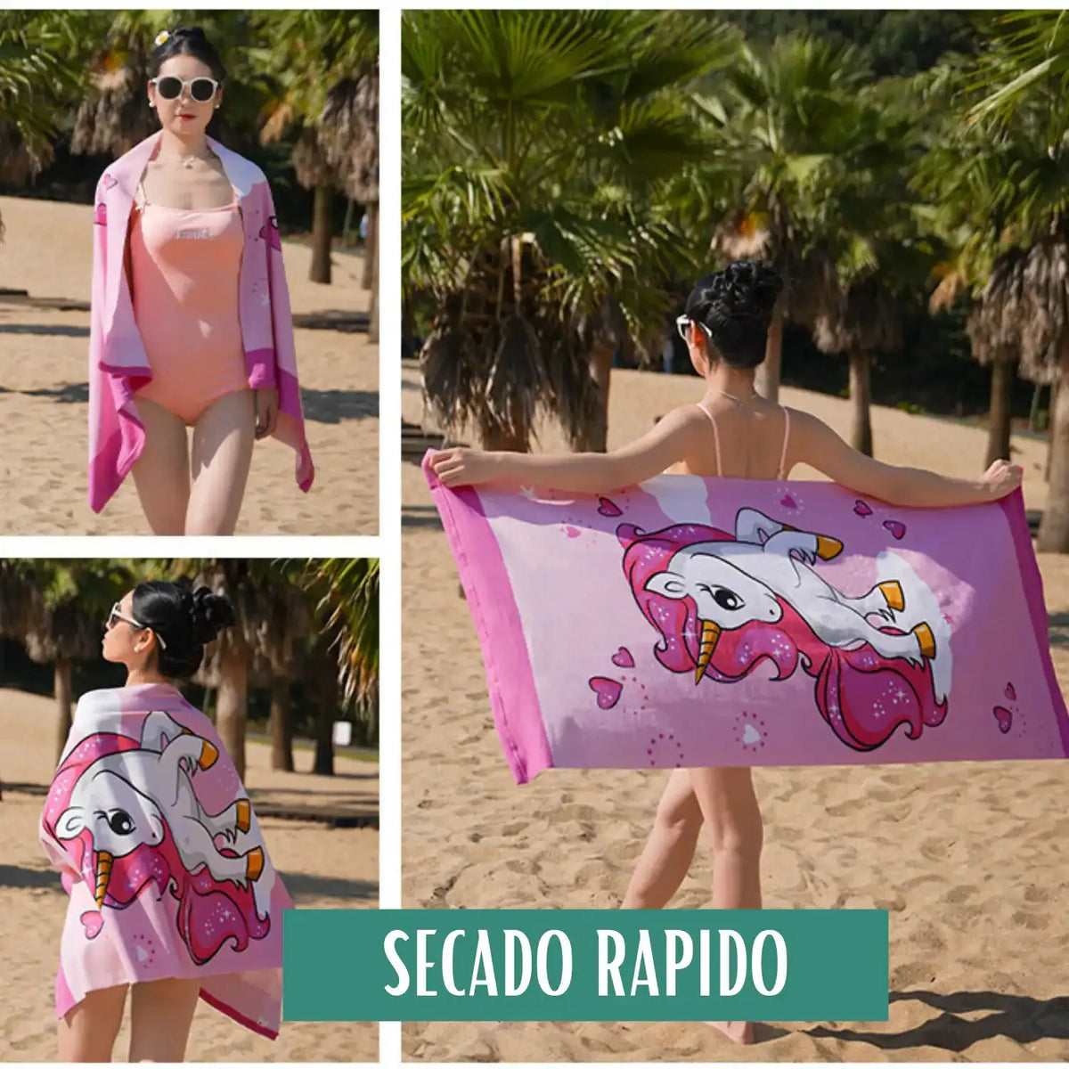 Toalla de microfibra para mujer, secado rápido, con tamaño 75x150 cm, ideal para playa y viajes, en colores vivos.