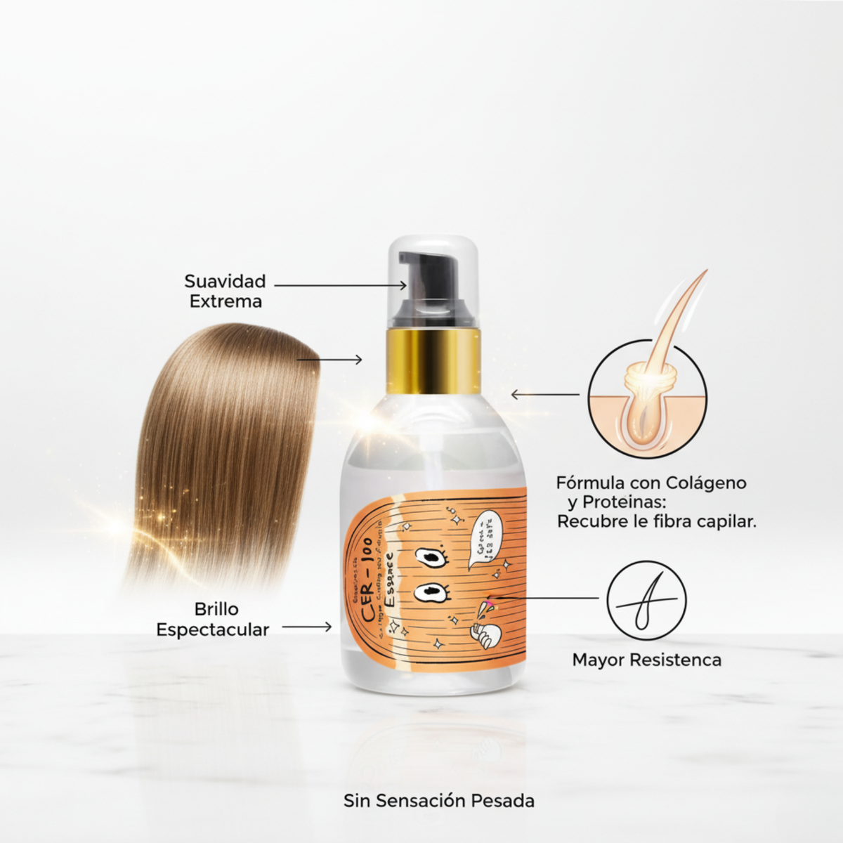 Esencia capilar Elizavecca CER-100 Collagen Coating Hair A+ en botella de 150ml, cuidado del cabello con colágeno y nutrientes.