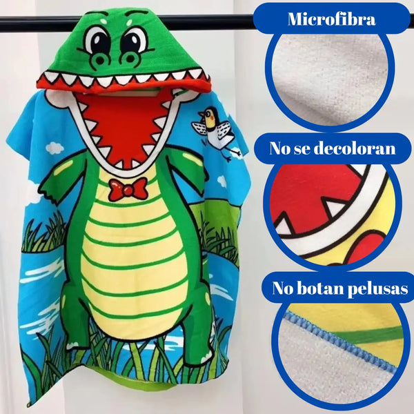 Toalla capucha de playa tipo poncho para niña de microfibra, en colores vibrantes, ideal para secar y abrigar en la playa o piscina.