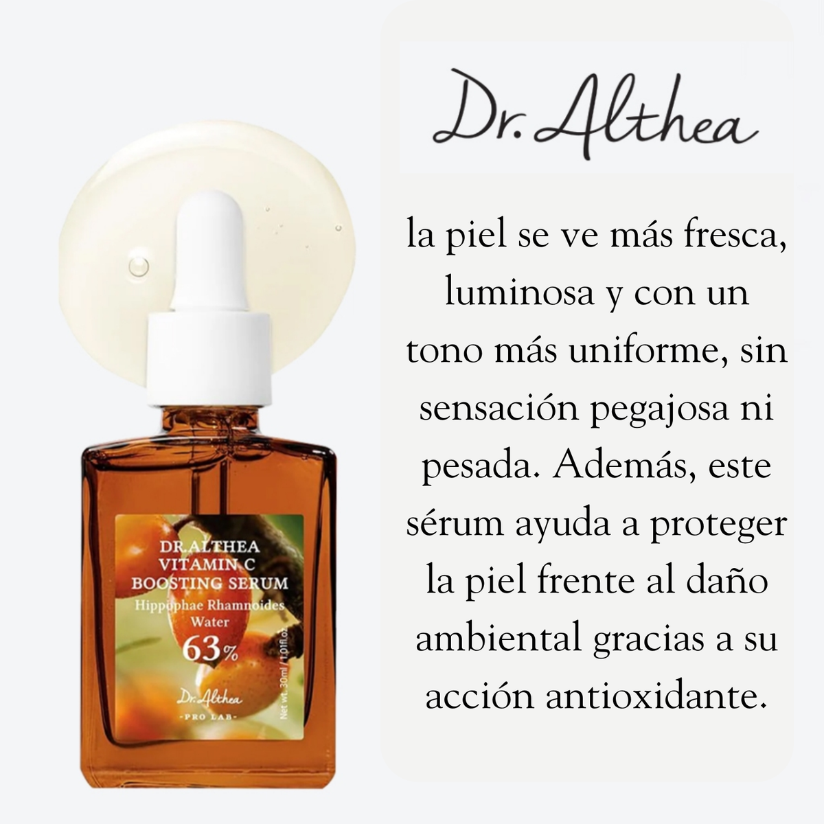 Suero de vitamina C Dr Althea para cuidado facial, envase de 30 ml, muestra la botella con gotero y etiqueta.