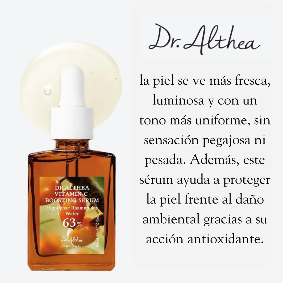 Suero de vitamina C Dr Althea para cuidado facial, envase de 30 ml, muestra la botella con gotero y etiqueta.