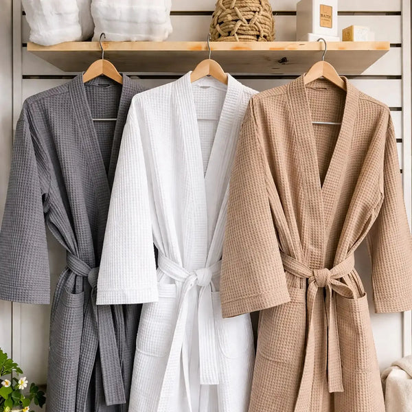 Bata de baño de algodón turco waffle en color blanco, suave y cómoda, ideal para relajarse en casa.