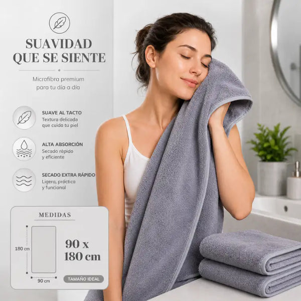 Juego de 2 toallas de baño grandes de microfibra gris en tamaño 90x180cm, suaves y absorbentes.