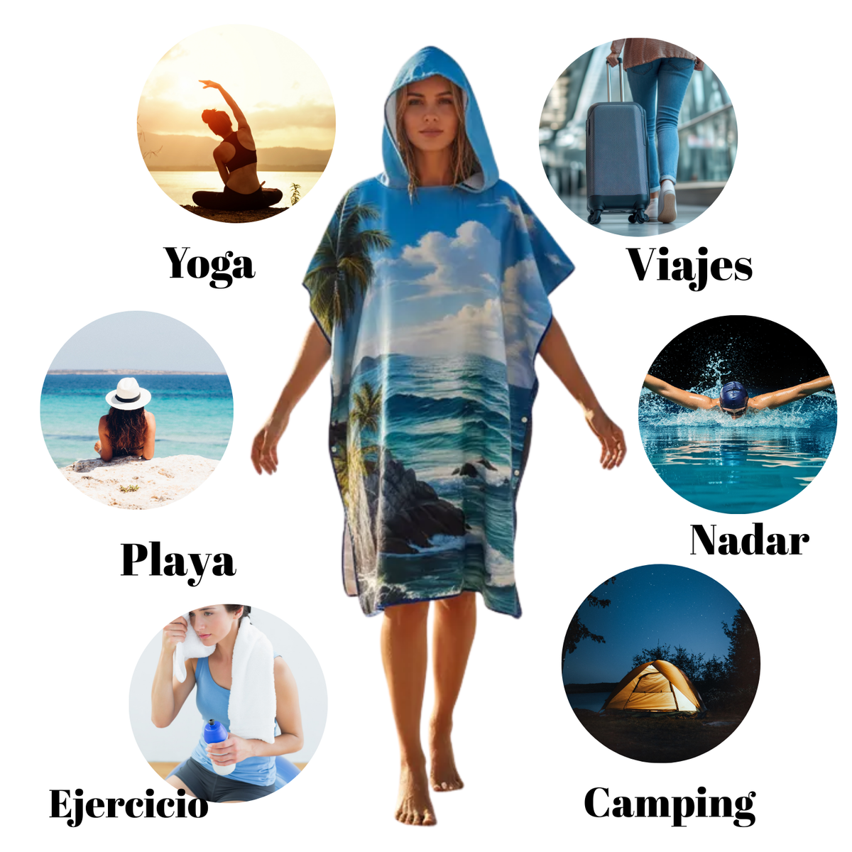 Toalla capucha de playa para adultos tipo surf con broches, en color azul, de la marca Enigma Store, ideal para nadar y secar.