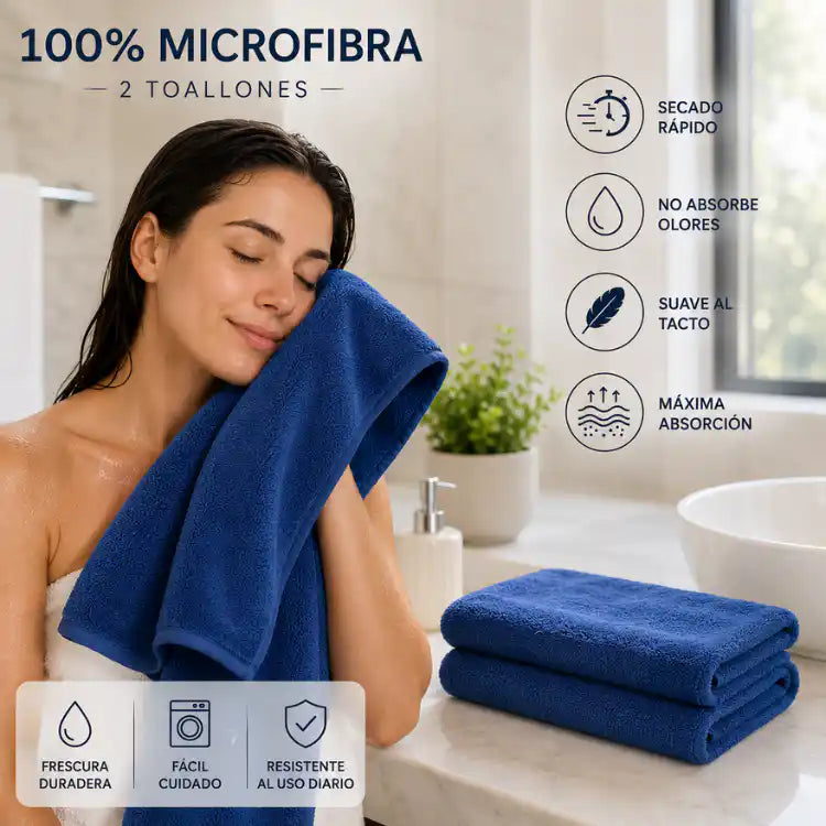 Juego de 2 toallas de baño grandes en microfibra azul, Toallon 90x180 cm, de la marca Enigma Store, con textura suave y absorbente.