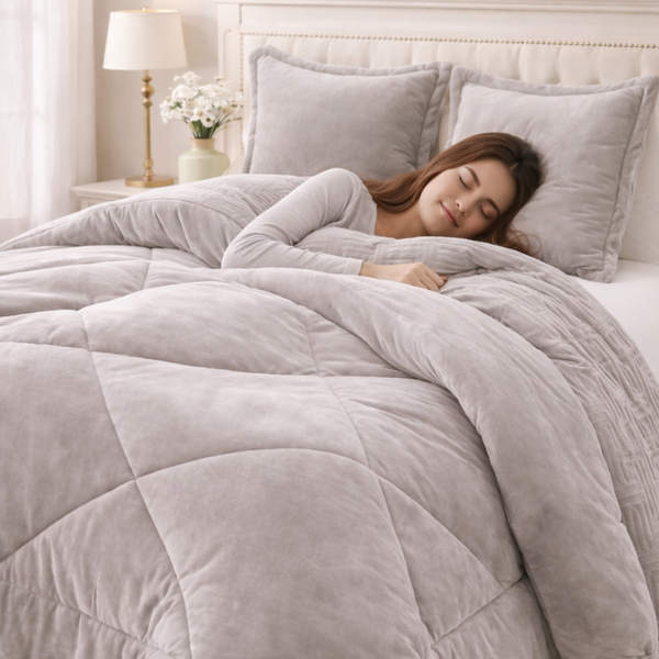Cobertor gris con fundas premium de Enigma Store, muestra textura suave y diseño elegante para decoración y confort del hogar.