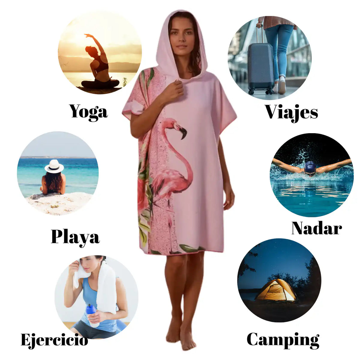 Toalla con capucha para playa de mujer, tipo surf poncho, en color brillante, con broches, ideal para secarse y cubrirse en la playa