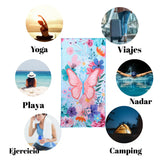 Pack de 4 toallas de playa de microfibra en color azul y blanco, tamaño 70x140 cm, secado rápido para mujer.