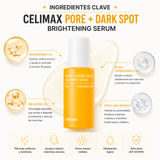 Suero coreano CELIMAX Pore+DARK Spot Brightening con ingredientes clave para aclarar manchas y reducir poros en la piel.