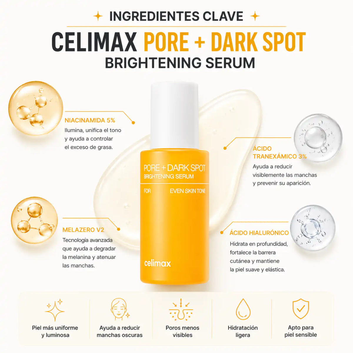 Suero coreano CELIMAX Pore+DARK Spot Brightening con ingredientes clave para aclarar manchas y reducir poros en la piel.