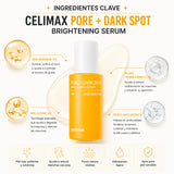 Suero coreano CELIMAX Pore+DARK Spot Brightening con ingredientes clave para aclarar manchas y reducir poros en la piel.