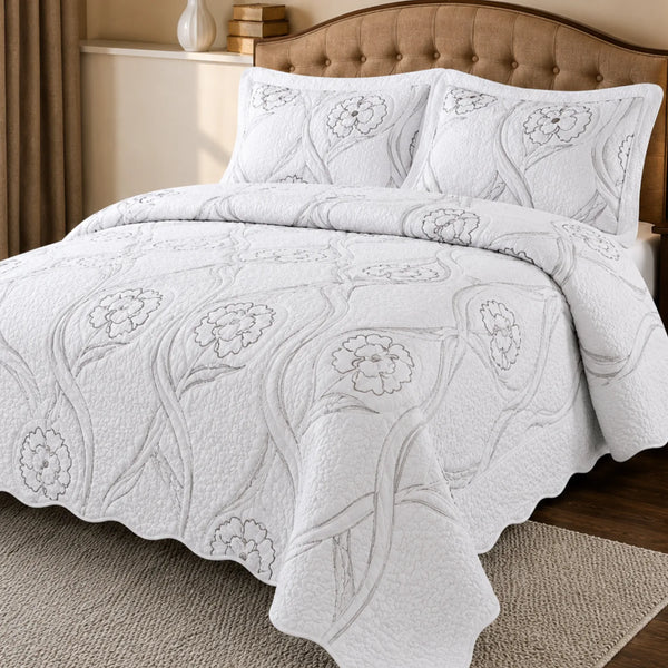 Cubrecama bordado blanco premium de 3 piezas, con detalles elegantes y suaves, ideal para decorar y proteger la cama.