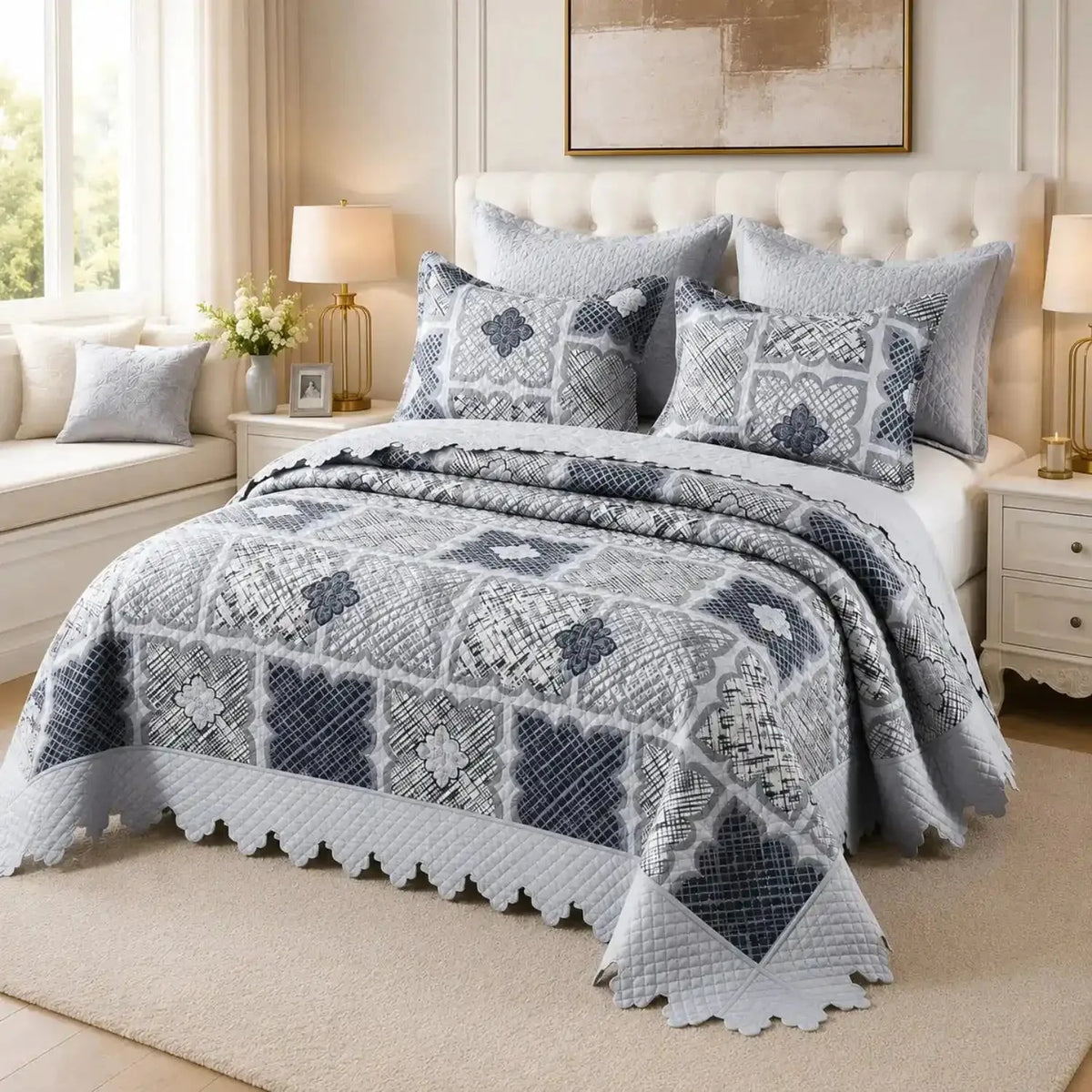 Cubrecama King Casa Eterna de 5 piezas con diseño geométrico y bordado, ideal para decorar y proteger la cama.