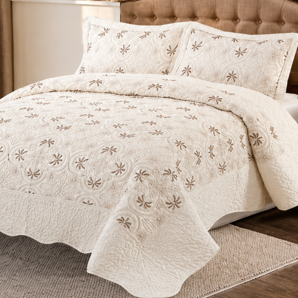 Cubrecama Bordado Blanco Premium 3 Piezas