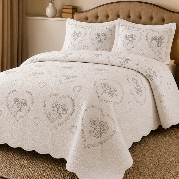 Cubrecama Bordado Blanco Premium 3 Piezas