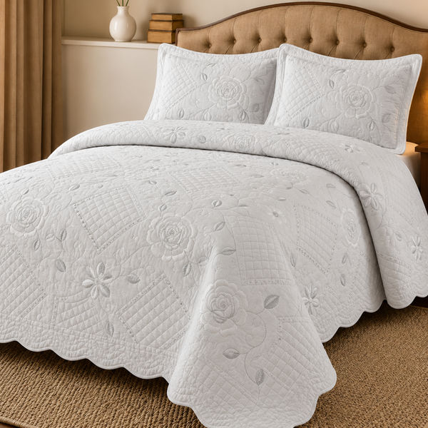 Cubrecama Bordado Blanco Premium 3 Piezas