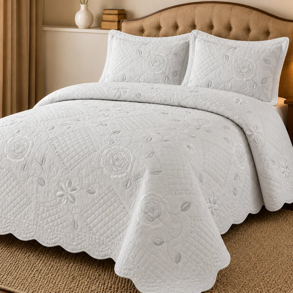 Cubrecama Bordado Blanco Premium 3 Piezas