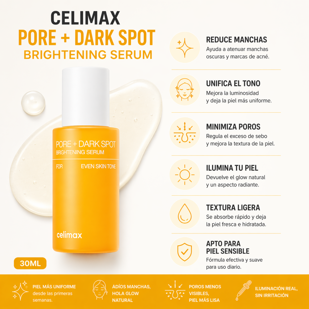 Suero iluminador para poros y manchas oscuras de Celimax, envase de 30 ml, para cuidado facial coreano.