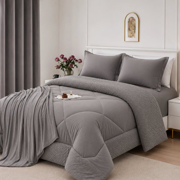 Set Cobertor Queen 7 Piezas Gris Claro