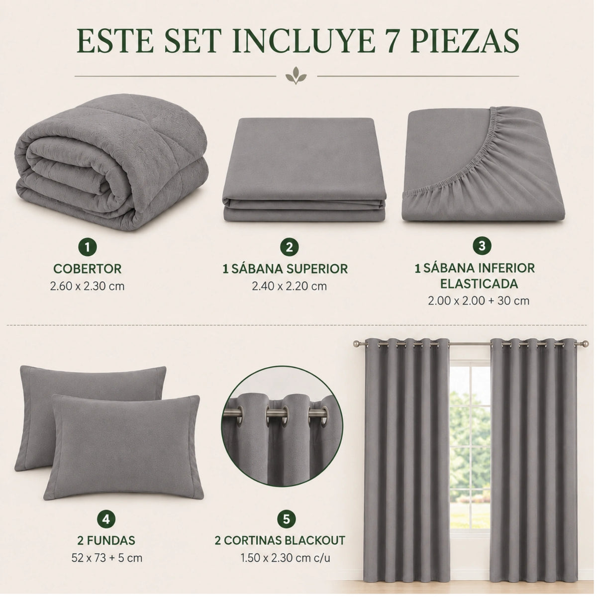Set Cobertor Queen 7 Piezas Gris Claro