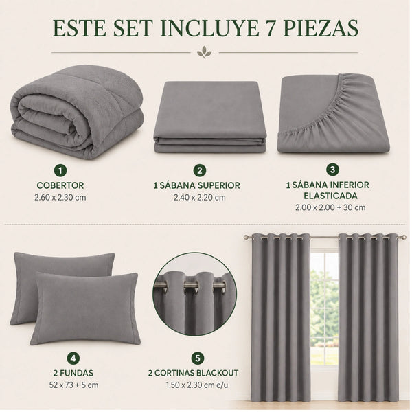 Set Cobertor Queen 7 Piezas Gris Claro