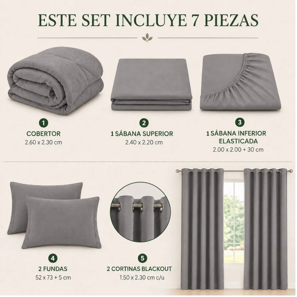 Set de cobertor queen de 7 piezas en gris claro, con mantas y fundas de la marca Enigma Store, en una vista de conjunto.