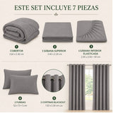 Set de cobertor queen de 7 piezas en gris claro, con mantas y fundas de la marca Enigma Store, en una vista de conjunto.